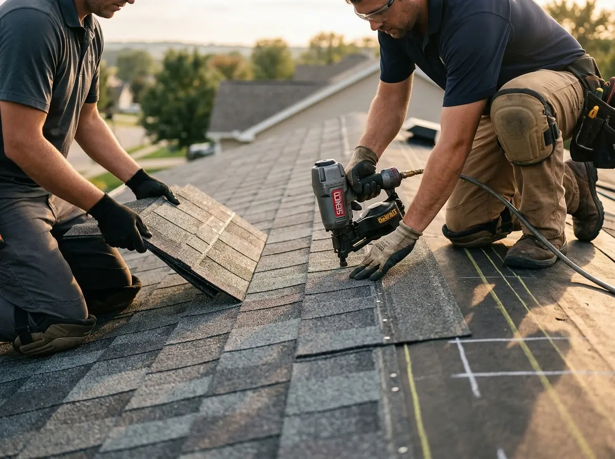 Professional roofer working on a residential roof in Camas